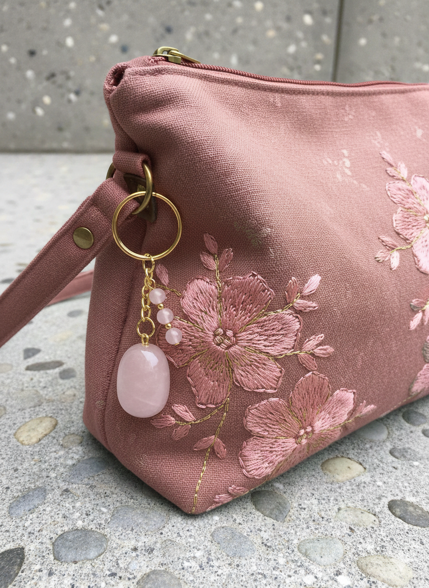 Porte-clés / Bijou de sac en Quartz rose