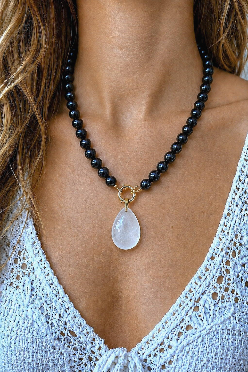 Collier "Rosée" Obsidienne noire / Cristal de roche