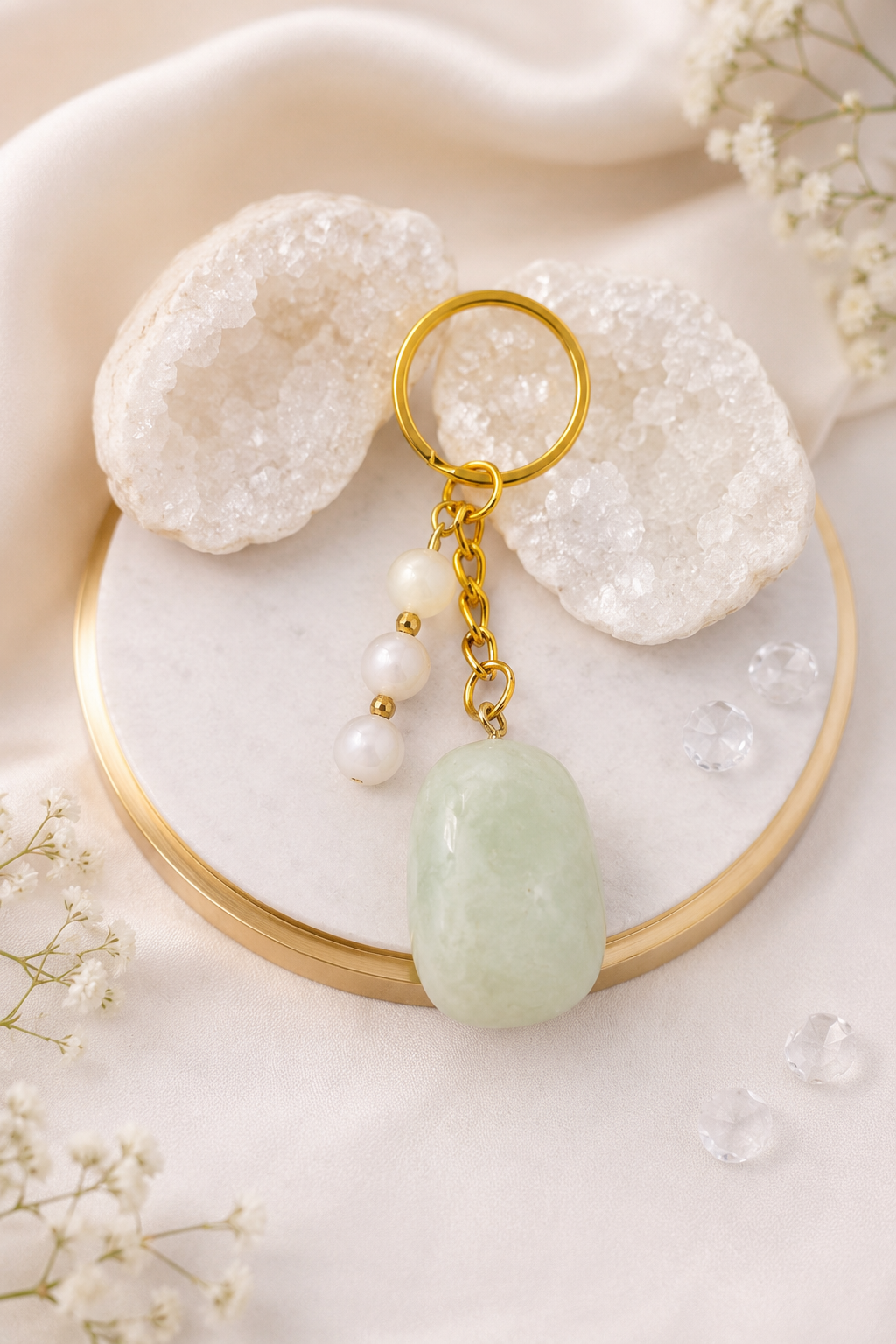 Porte-clés / Bijou de sac en Jade et Nacre