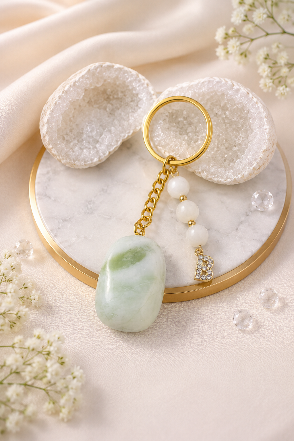 Porte-clés / Bijou de sac en Jade et Nacre
